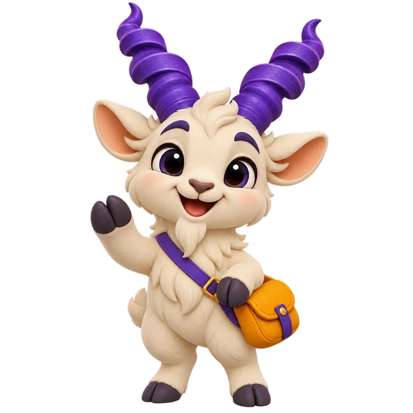 Poli, your cream-colored markhor buddy with violet horns and an orange bag